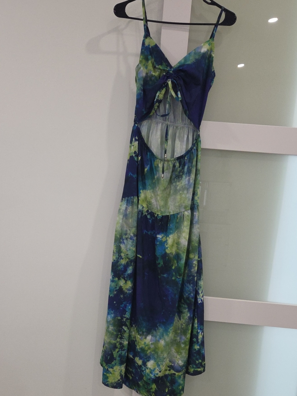 Tie-Front Cutout Chemise in Blue and Green Tie-Dye